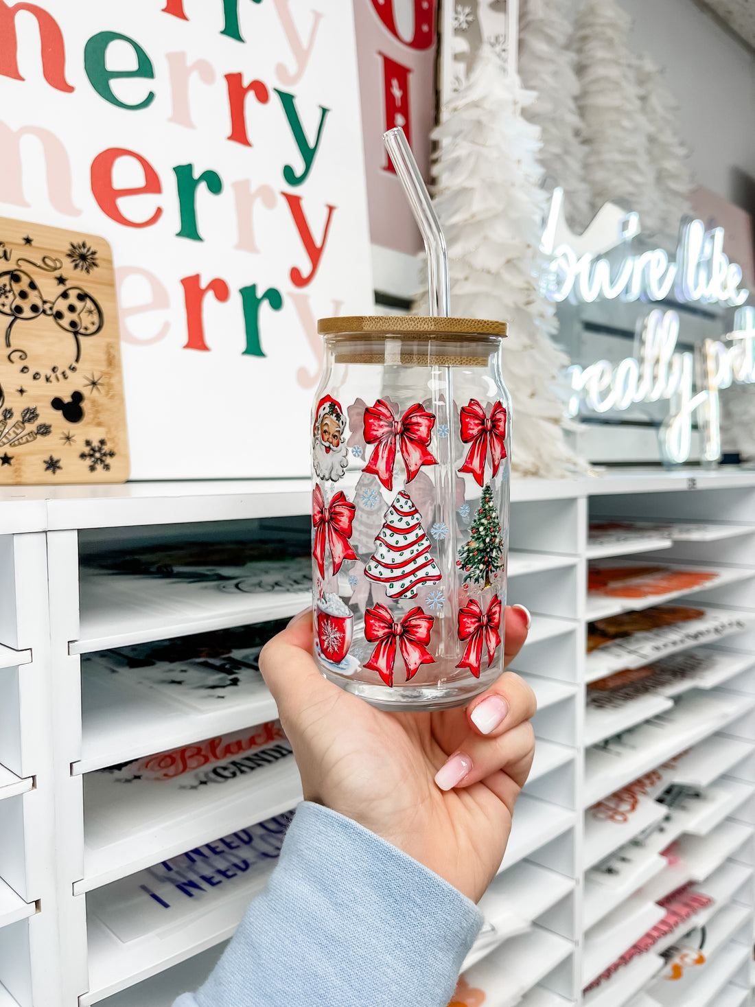 Christmas Bows Iced Coffee Glass