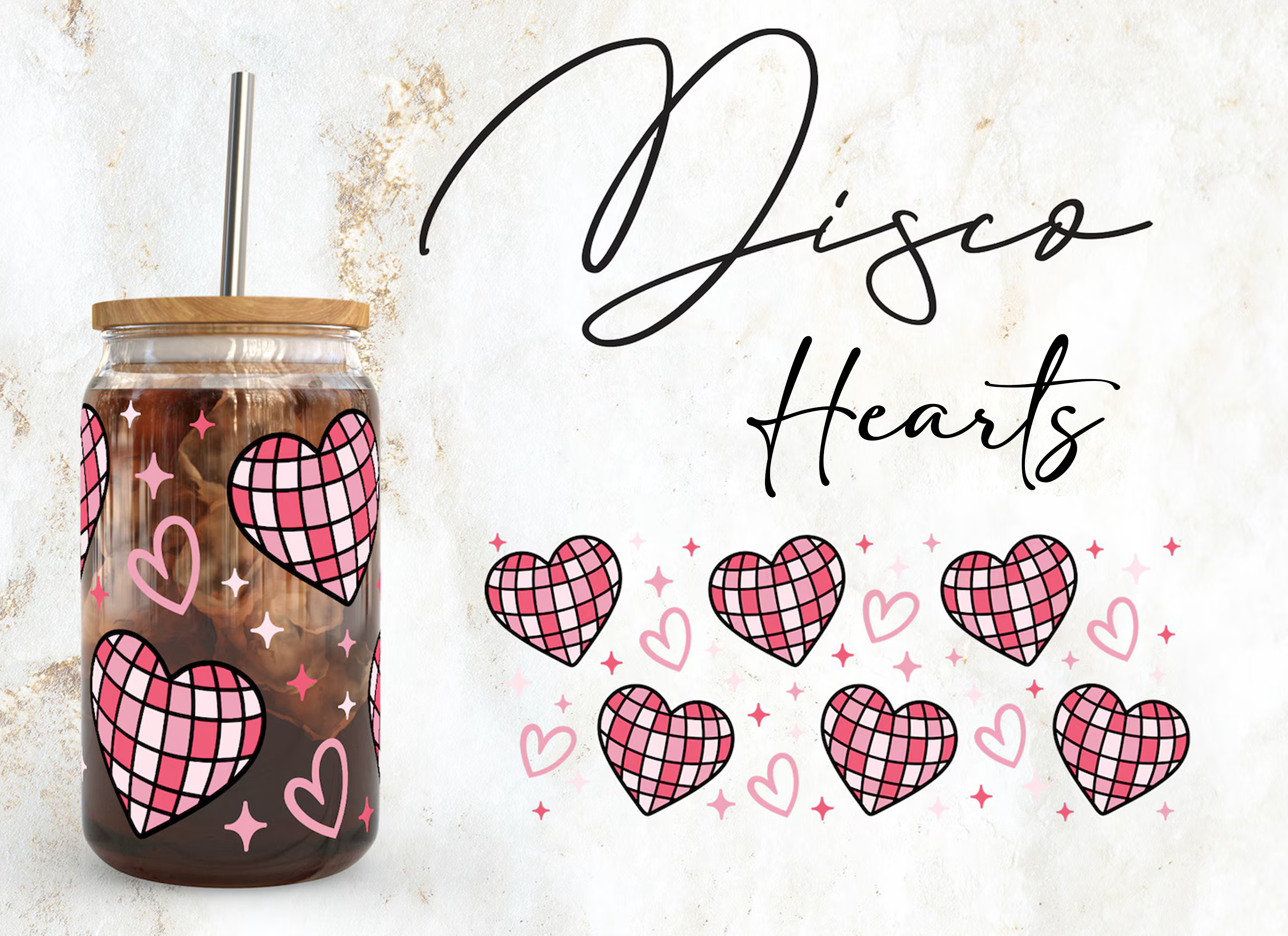 Disco Hearts Iced Coffee Glass