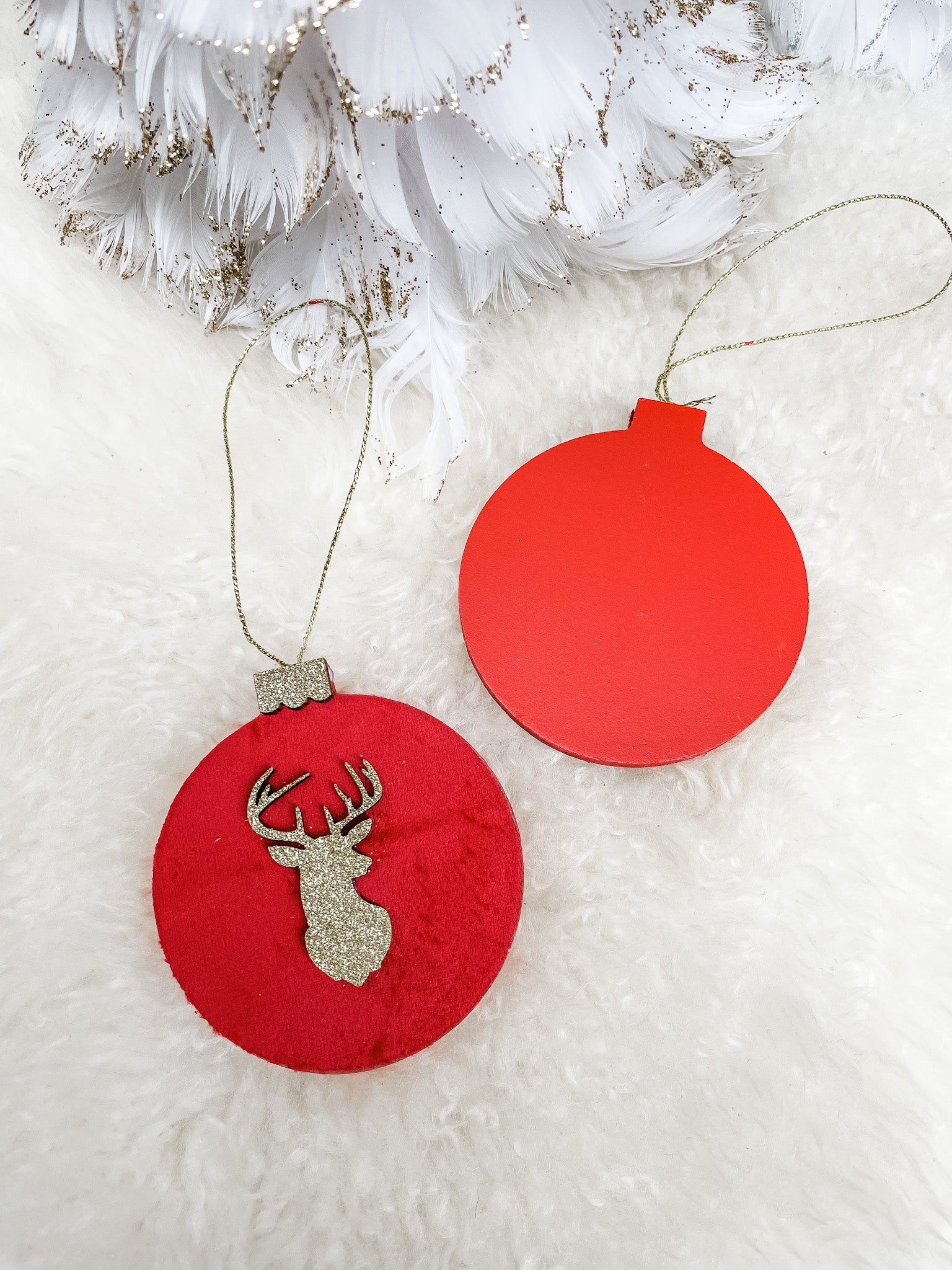 3 Pack Wood/Velvet Red Ornament